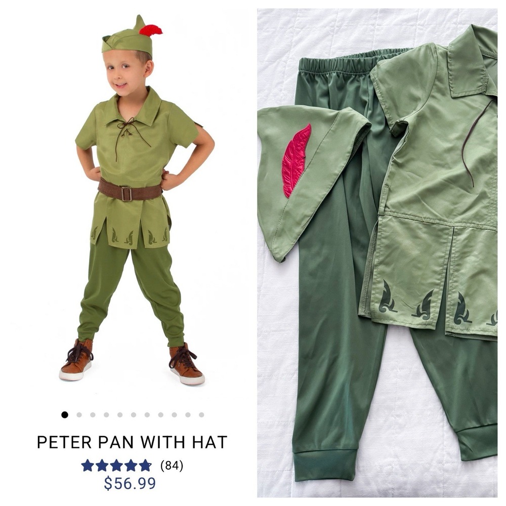 Little Adventures Peter Pan Costume Large 5-7 Year Hat Pants Shirt Green Belt